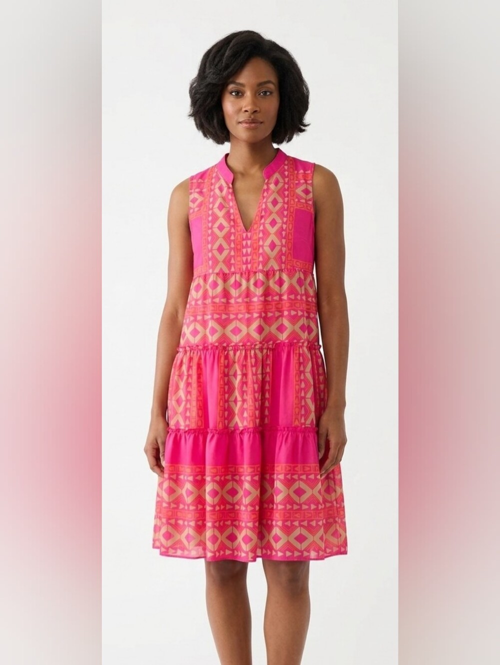 Sleeveless Pink Tiered V-Neck Patterned  Dress Size S